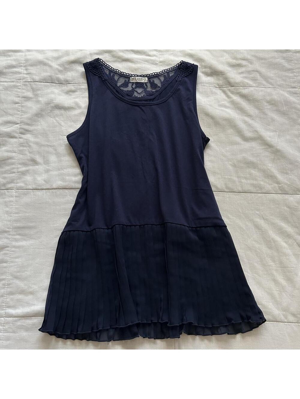 Axes Femme Navy Blue Floral Lace Neck Pleated Chiffon Ruffle Hem Tank Top Japan